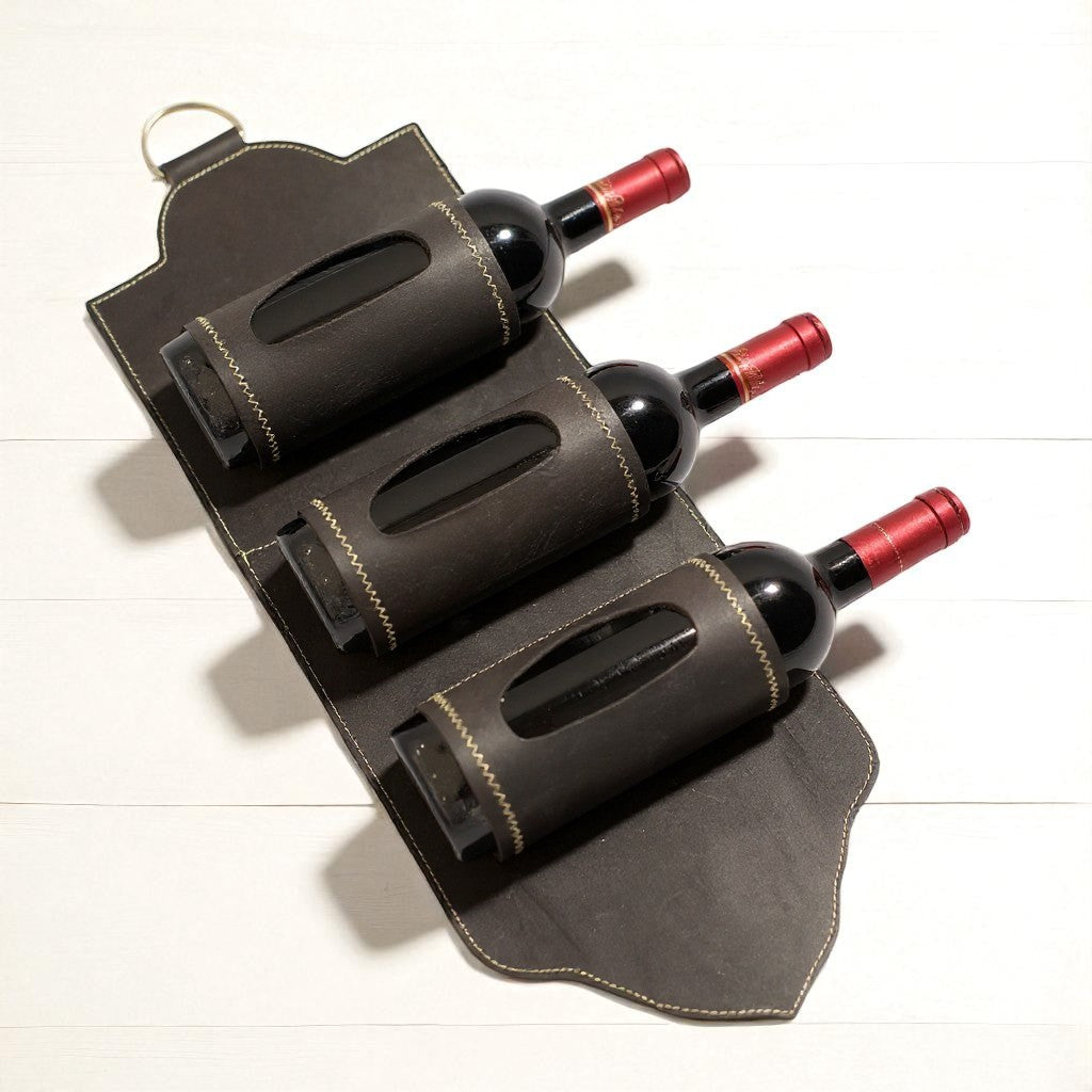 Porta Botellas de Vino de Cuero Artesanal – 3 Espacios