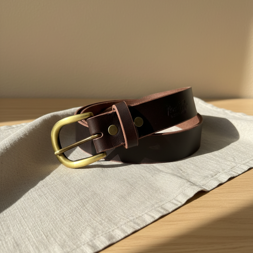 Cinturón Cuero Hebilla Redonda Bronce