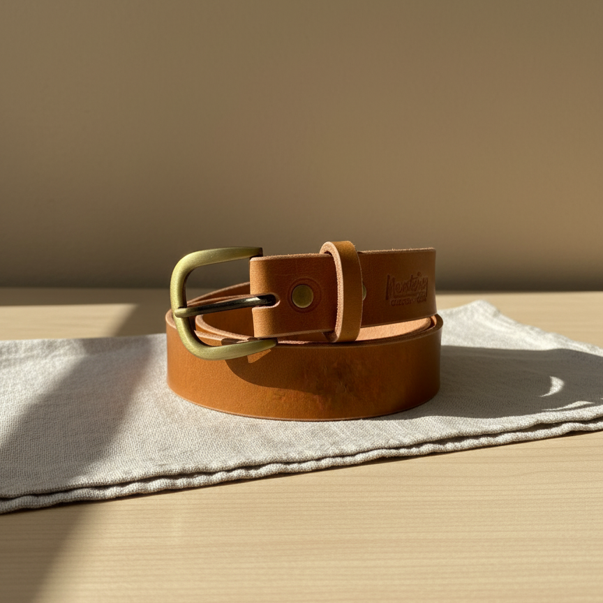 Cinturón Cuero Hebilla Redonda Bronce