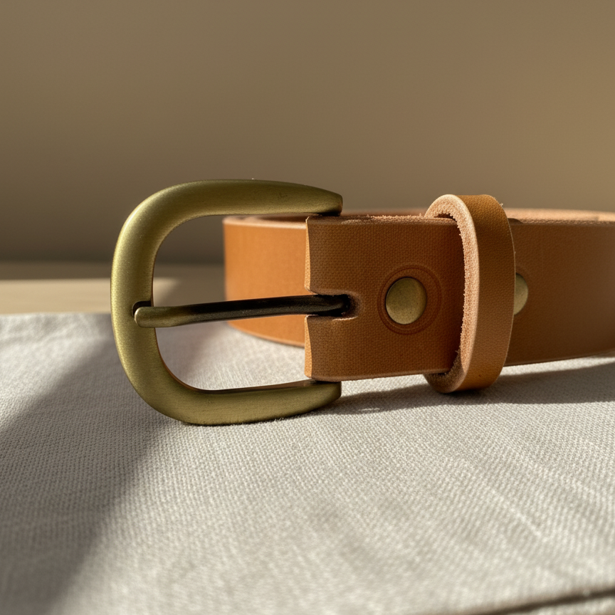 Cinturón Cuero Hebilla Redonda Bronce