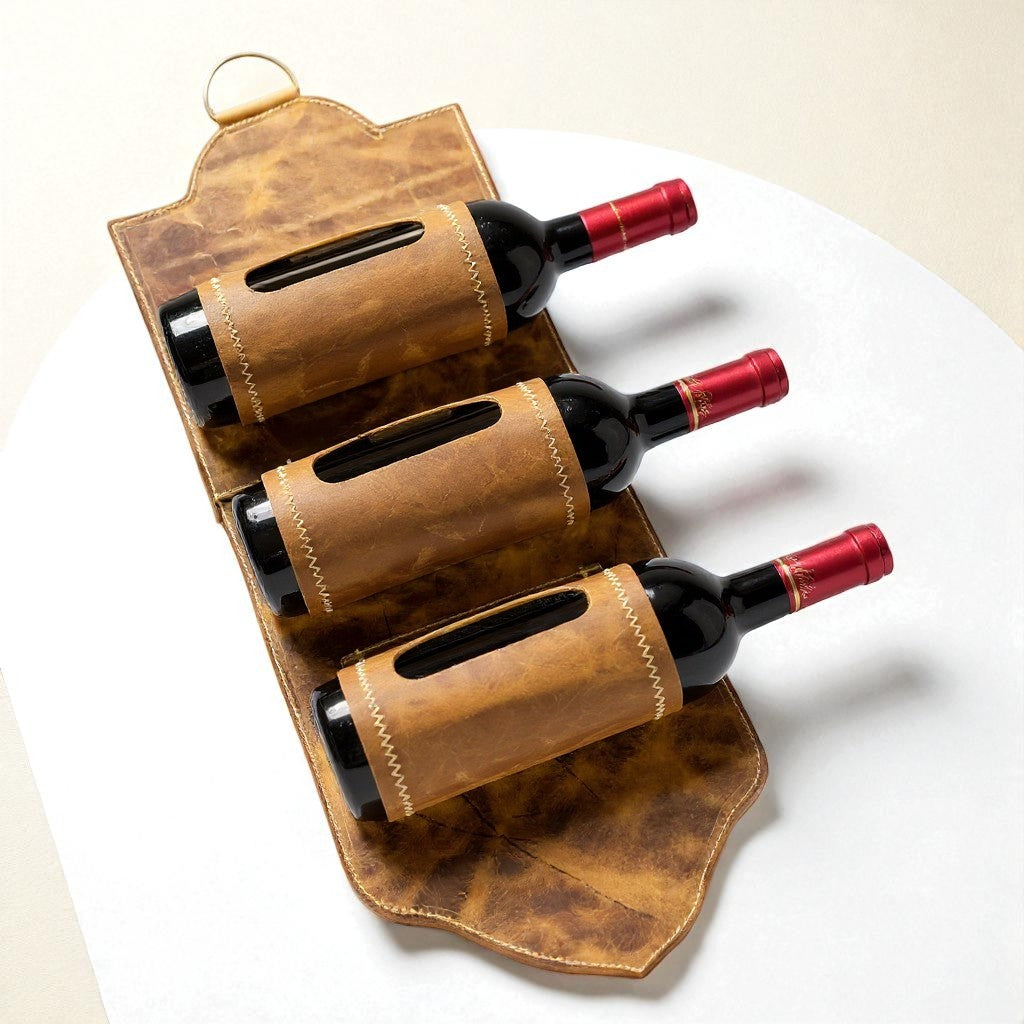 Porta Botellas de Vino de Cuero Artesanal – 3 Espacios